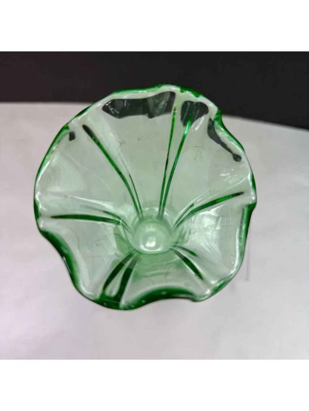Vintage Uranium Green Glow Glass Ruffle Top Ribbed Vase 10 Inch